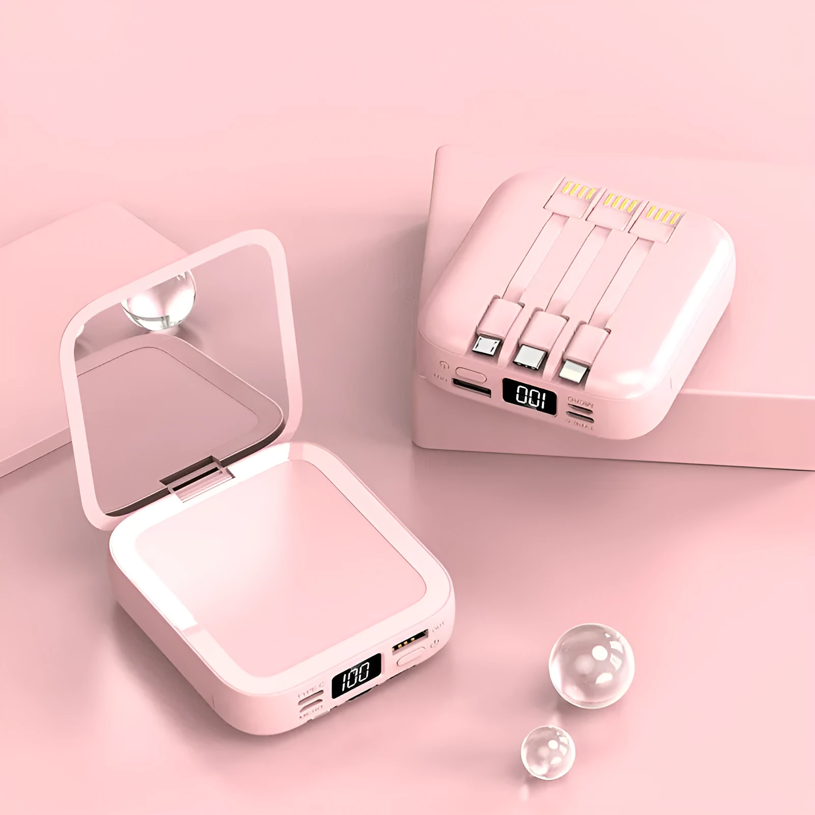 Beauty mirror power bank with cable in cherry blossom pink, compact size 84x78x33mm