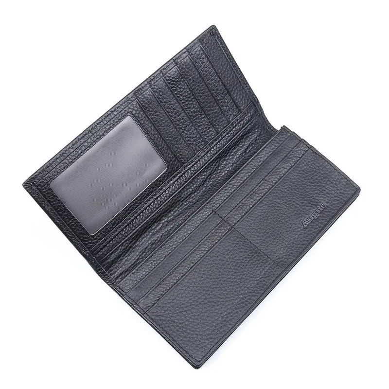 Men's brown oil wax leather long vertical wallet with car suture, 9x19cm, two-fold opening on white background