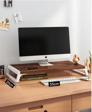 Walnut wood-based board office computer monitor heightening stand with black support leg