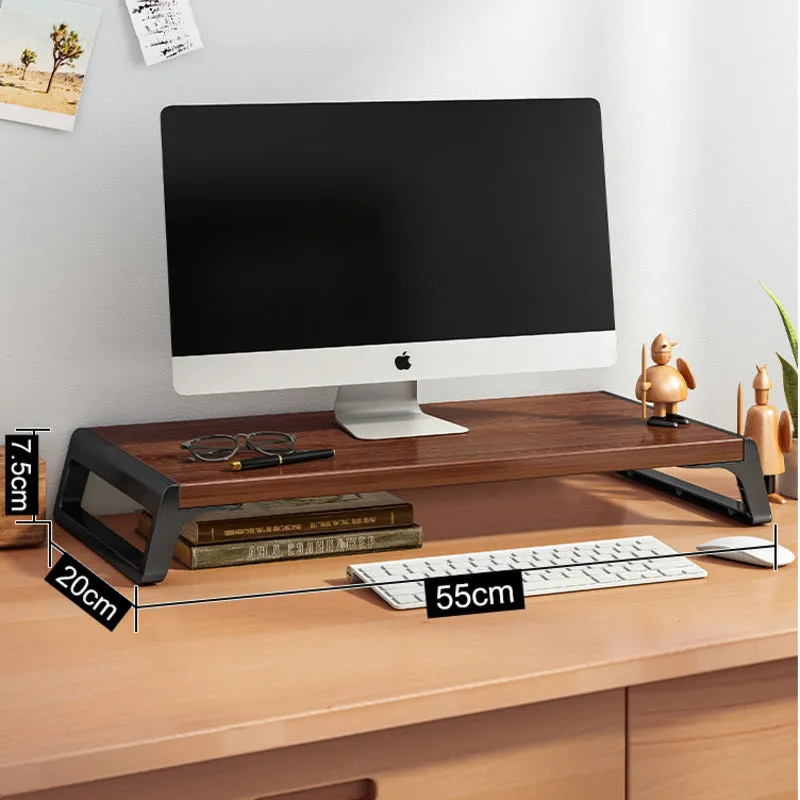 Walnut wood-based board office computer monitor heightening stand with black support leg