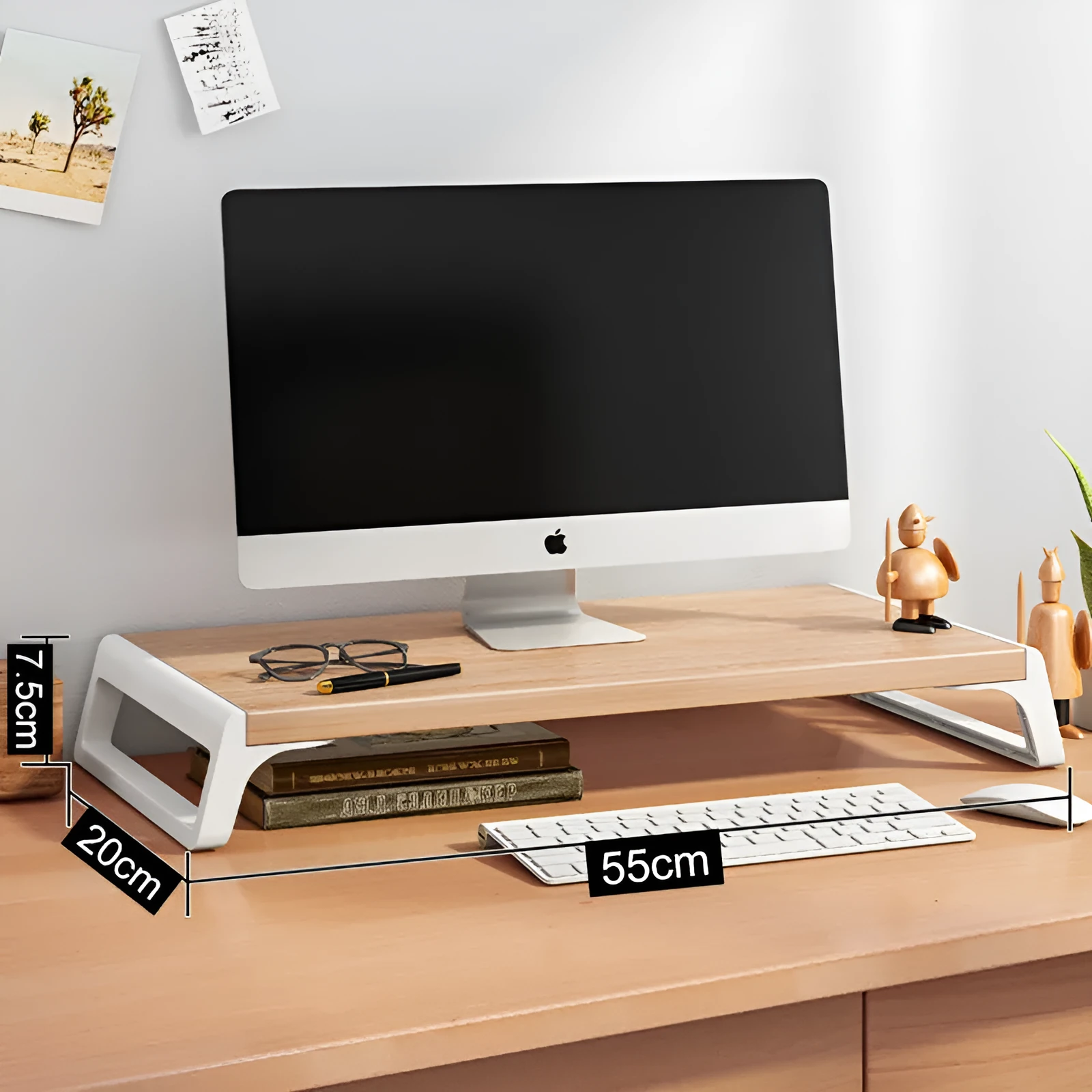 Walnut wood-based board office computer monitor heightening stand with black support leg