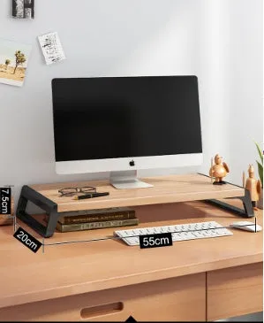 Walnut wood-based board office computer monitor heightening stand with black support leg