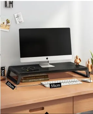 Walnut wood-based board office computer monitor heightening stand with black support leg