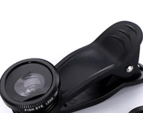 0.65X wide-angle fisheye macro three-in-one clip-on lens for smartphone cameras in black