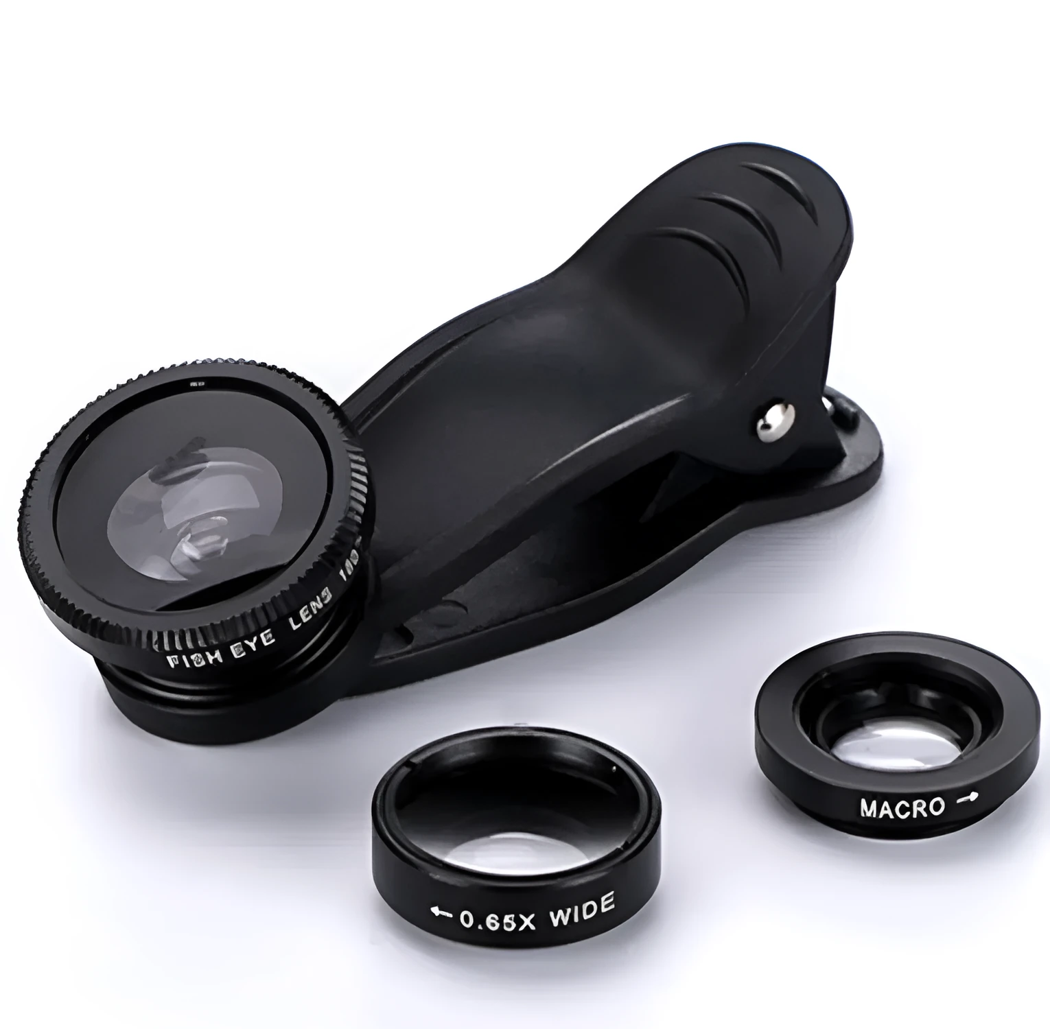 0.65X wide-angle fisheye macro three-in-one clip-on lens for smartphone cameras in black