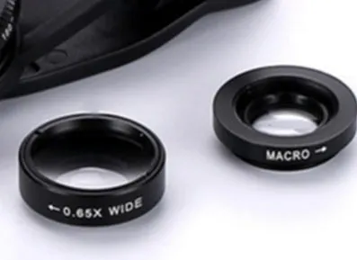 0.65X wide-angle fisheye macro three-in-one clip-on lens for smartphone cameras in black