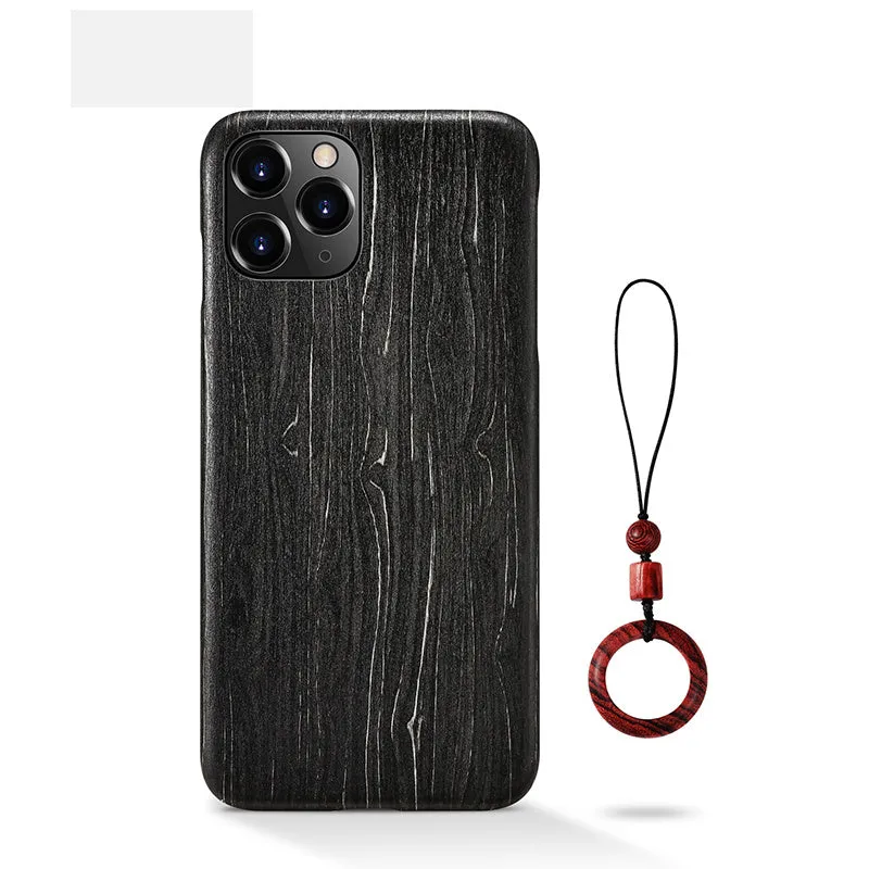 Ultra-thin frosted wood phone case for iPhone 13 in black walnut colour with wooden lanyard