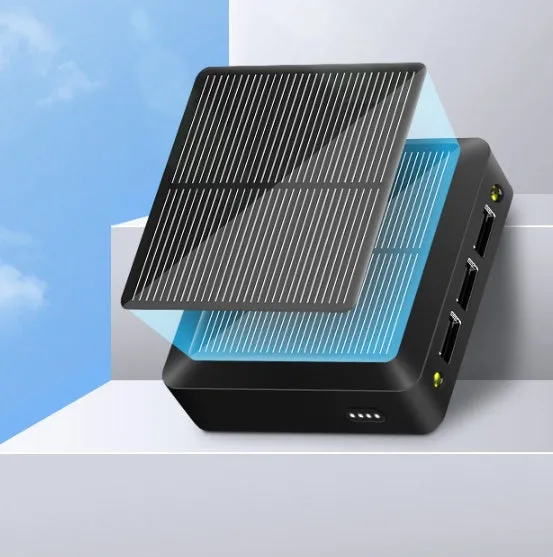Small portable solar power bank in plastic case, 80x80x28mm, with USB output