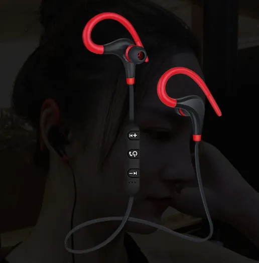 Bluetooth earphone 5.0 wireless stereo earbuds in black, red, and white with charging cable