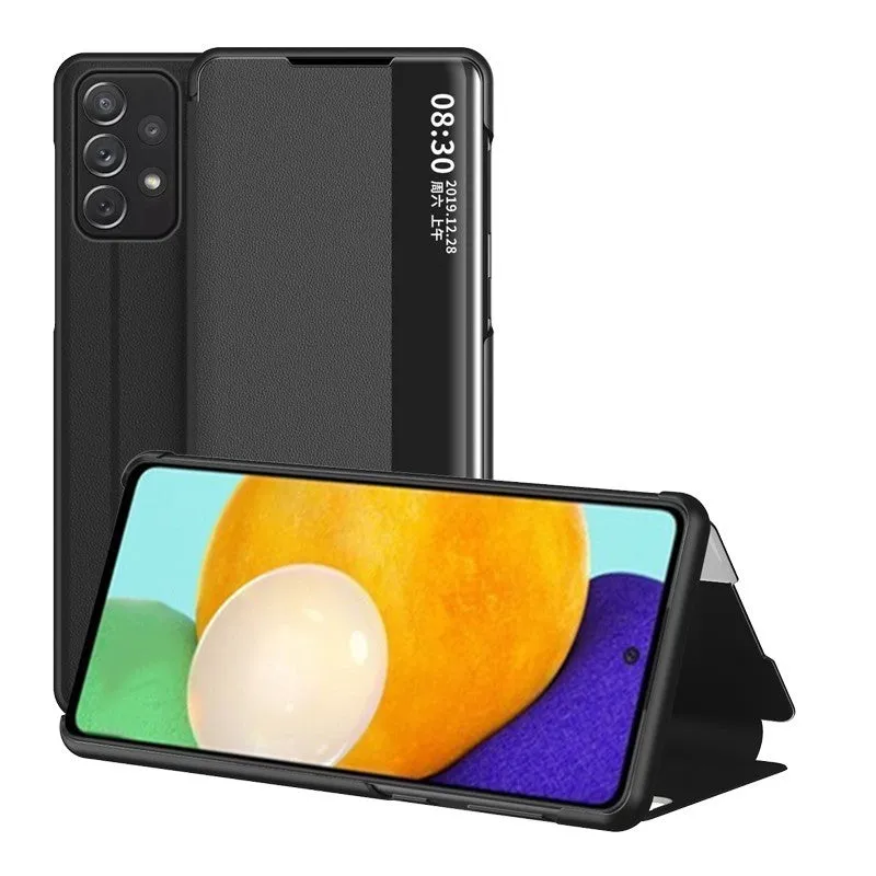 Samsung Galaxy A32 5G flip leather phone case in black with window view and shockproof cover