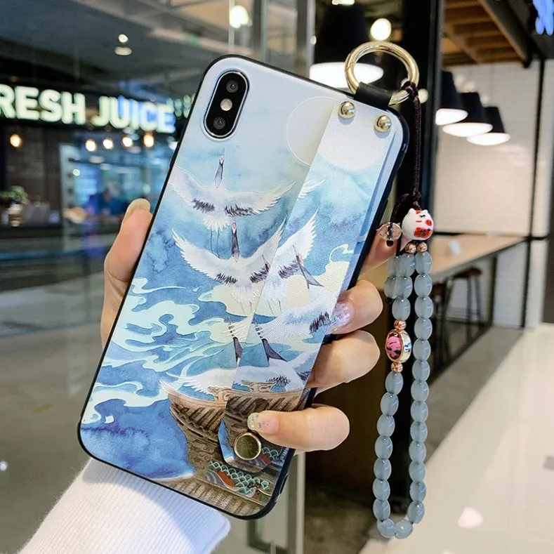 Compatible iPhone case with a detachable rose flower wrist strap, shown in one of ten available styles.