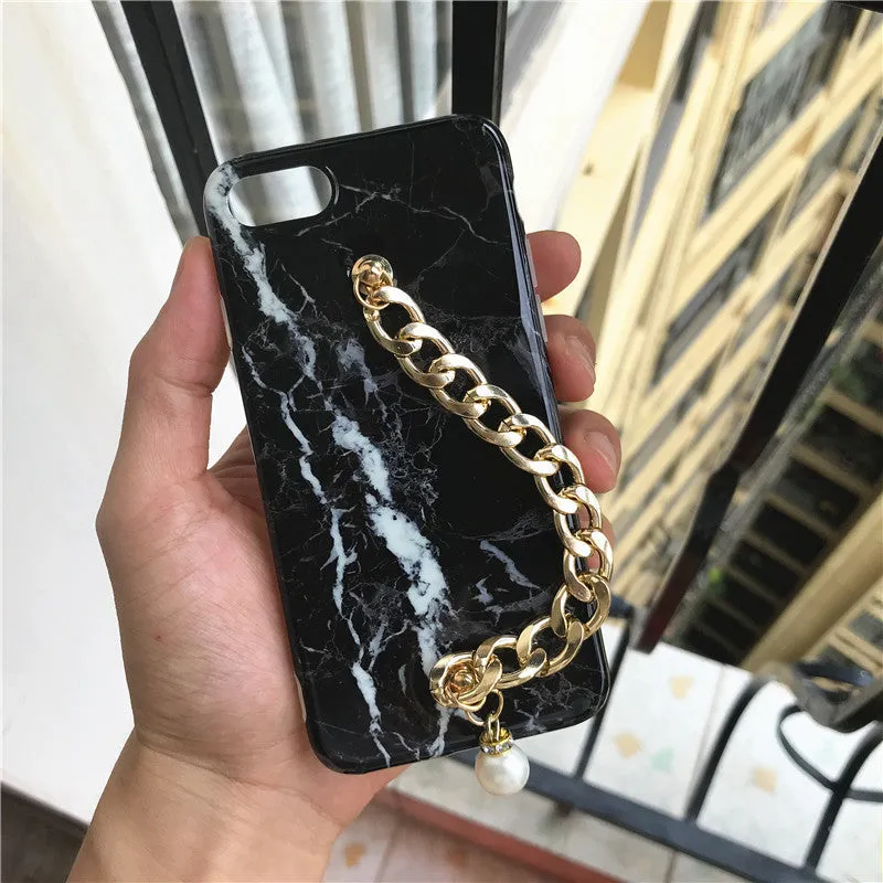 TPU marble phone case with pearl chain in black for iPhone