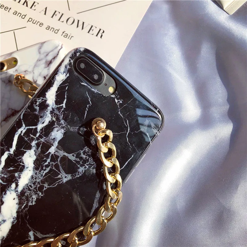 TPU marble phone case with pearl chain in black for iPhone