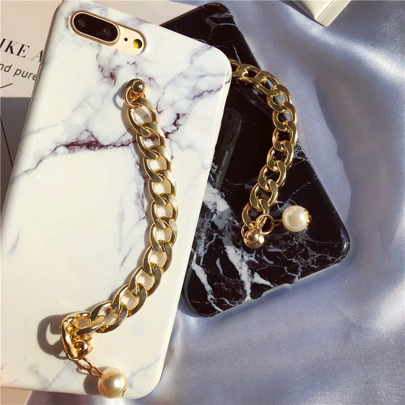 TPU marble phone case with pearl chain in black for iPhone