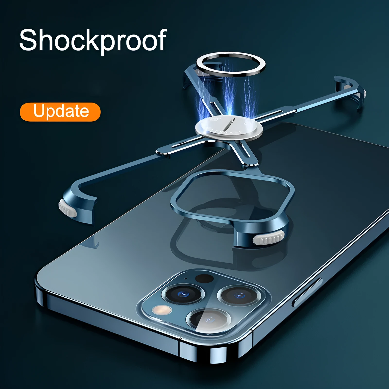 X-shape metal airbag phone case for iPhone 12, black colour, with bare metal frame and hollow side frames