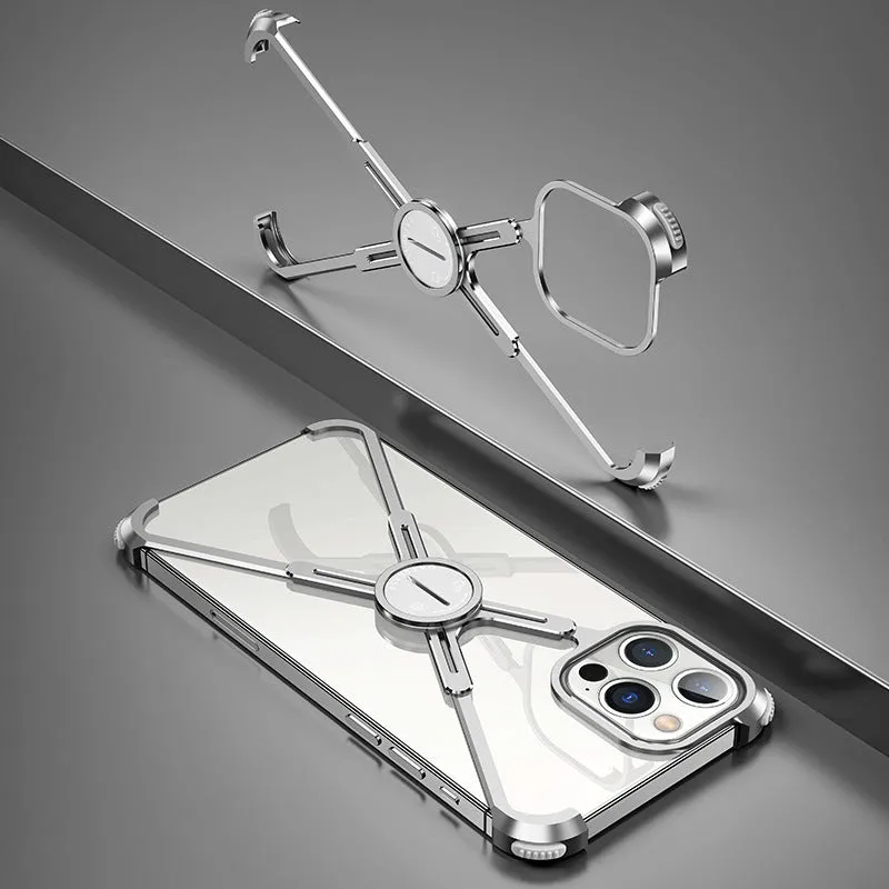 X-shape metal airbag phone case for iPhone 12, black colour, with bare metal frame and hollow side frames