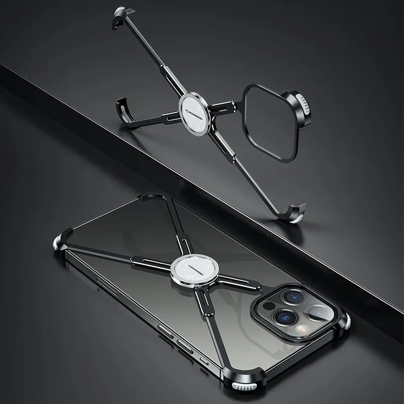 X-shape metal airbag phone case for iPhone 12, black colour, with bare metal frame and hollow side frames