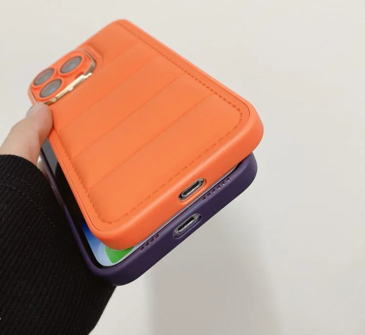 Cotton filled down jacket phone case for Apple iPhone with fall prevention and imitation leather finish in black colour