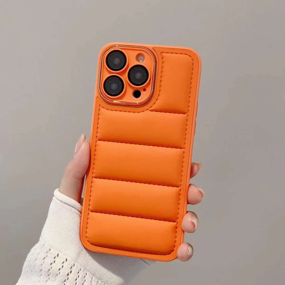 Cotton filled down jacket phone case for Apple iPhone with fall prevention and imitation leather finish in black colour