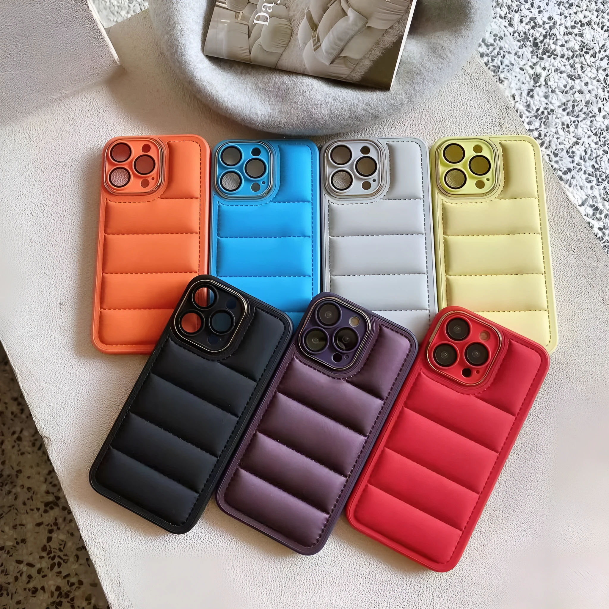 Cotton filled down jacket phone case for Apple iPhone with fall prevention and imitation leather finish in black colour