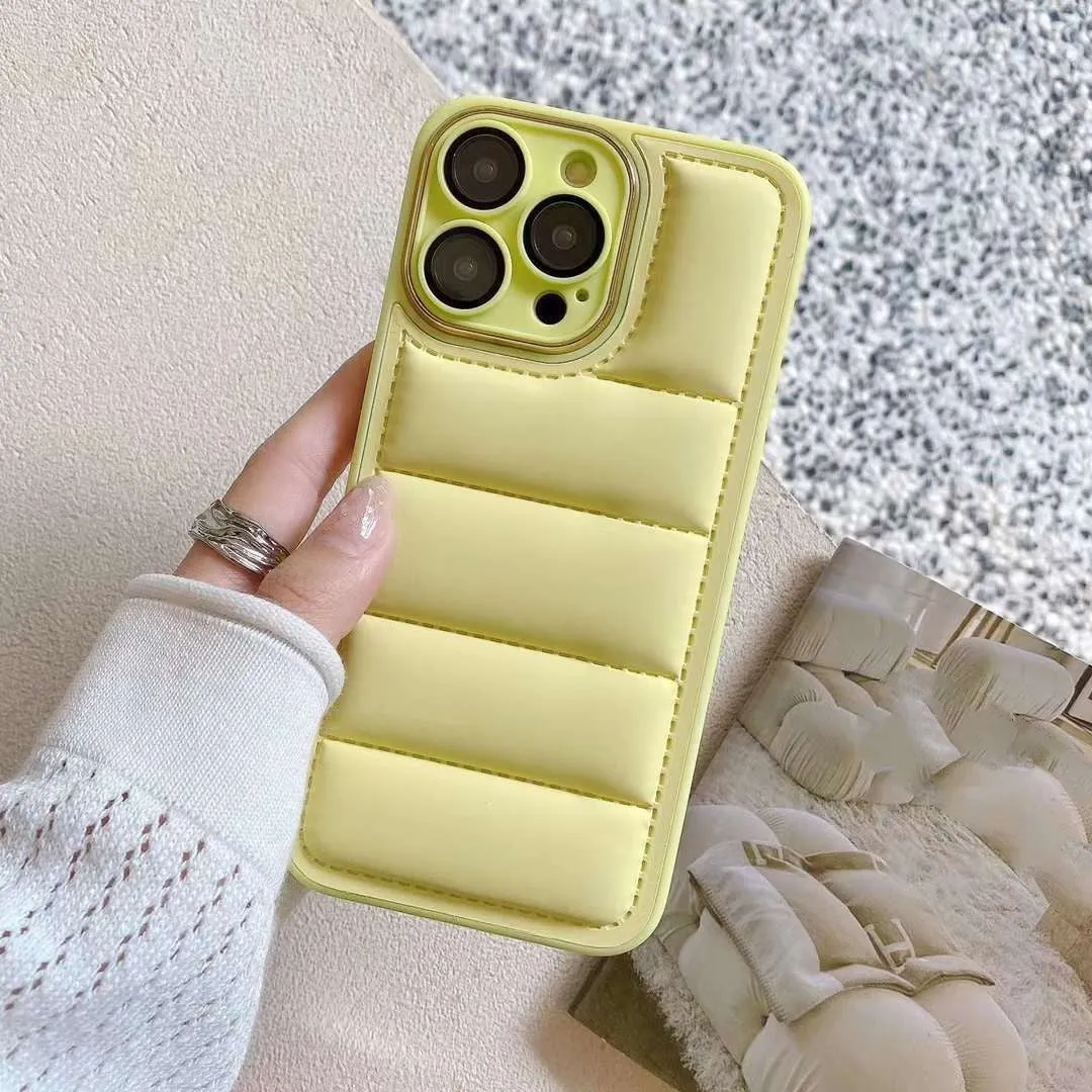 Cotton filled down jacket phone case for Apple iPhone with fall prevention and imitation leather finish in black colour