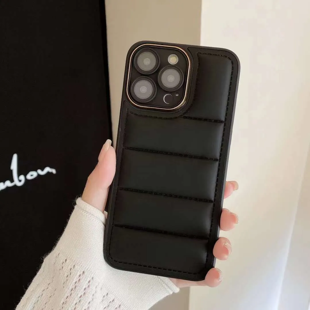 Cotton filled down jacket phone case for Apple iPhone with fall prevention and imitation leather finish in black colour