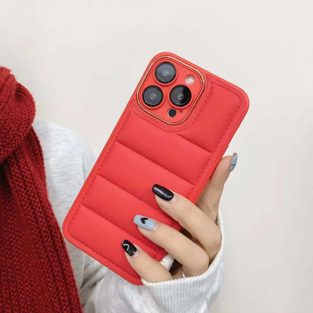 Cotton filled down jacket phone case for Apple iPhone with fall prevention and imitation leather finish in black colour