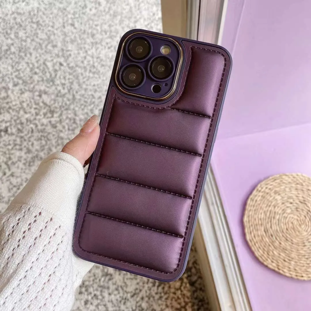 Cotton filled down jacket phone case for Apple iPhone with fall prevention and imitation leather finish in black colour
