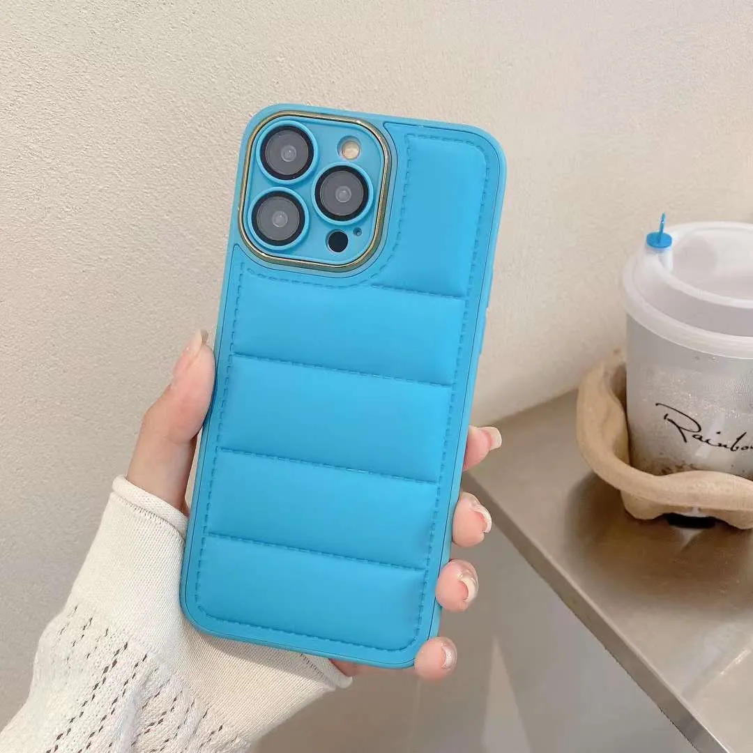 Cotton filled down jacket phone case for Apple iPhone with fall prevention and imitation leather finish in black colour
