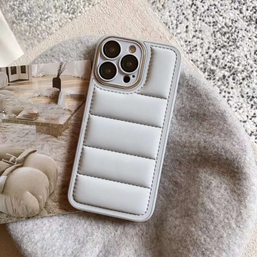 Cotton filled down jacket phone case for Apple iPhone with fall prevention and imitation leather finish in black colour