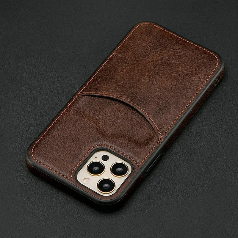 PU leather business phone case for iPhone in black showing back and side protection