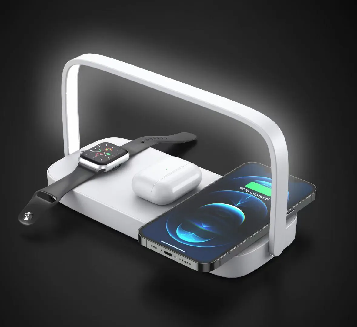 Three-in-one white wireless charger with night lamp for smartphones