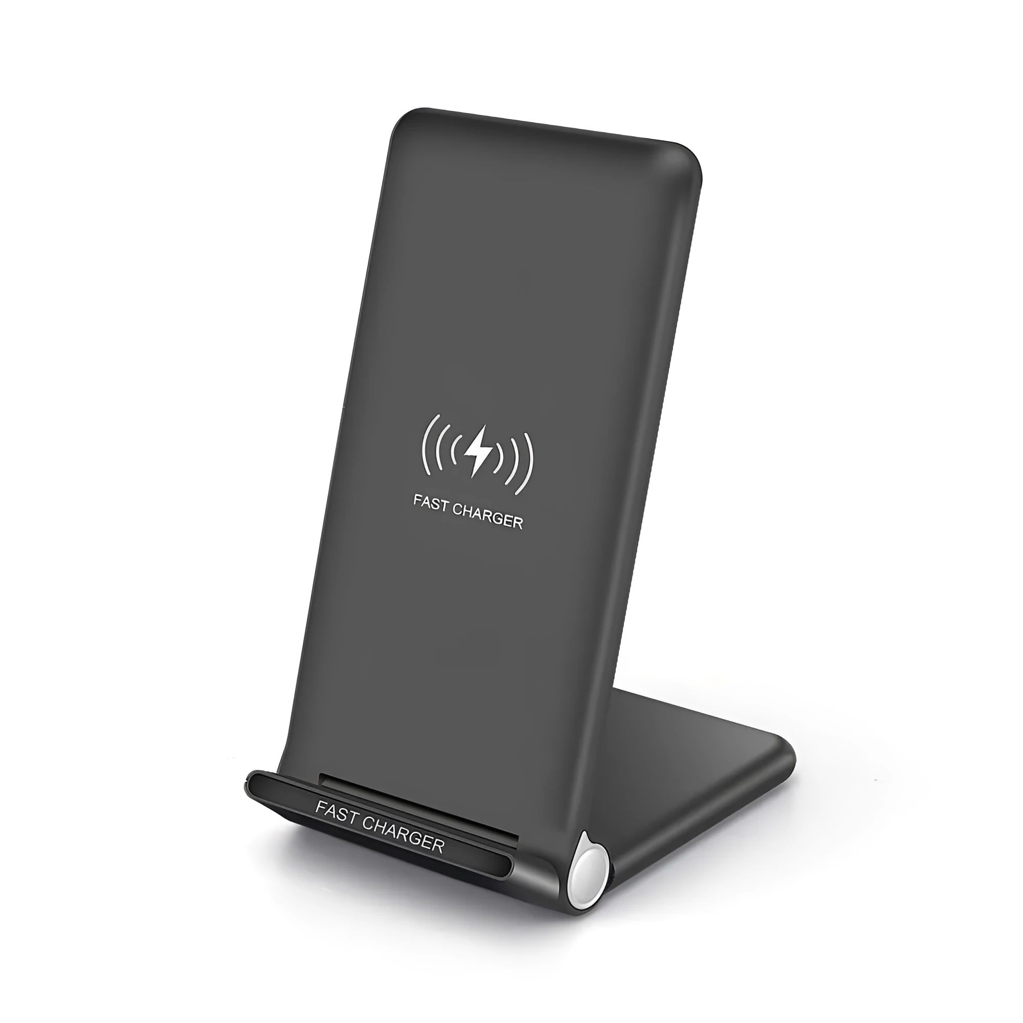 Black folding wireless charger stand with ABS material showing 15W Qi fast charging for phone and earbuds