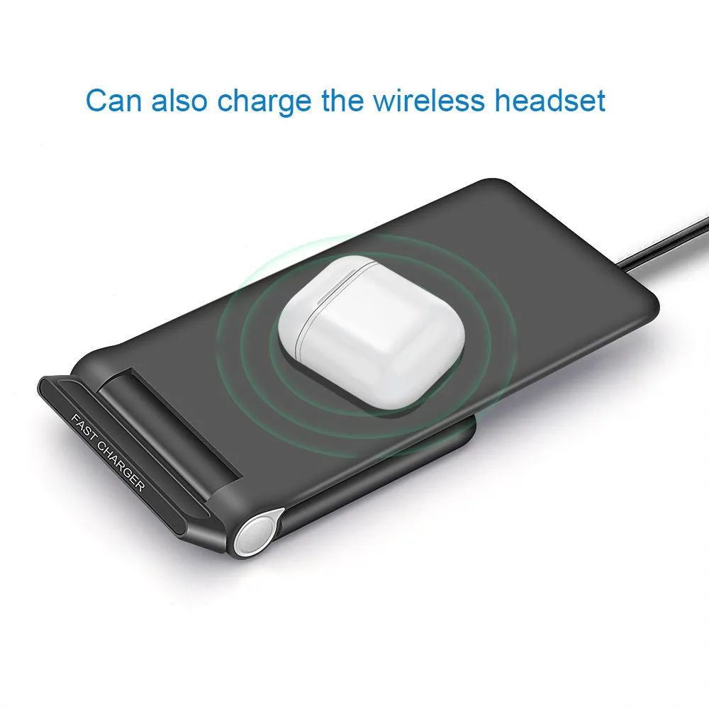 Black folding wireless charger stand with ABS material showing 15W Qi fast charging for phone and earbuds