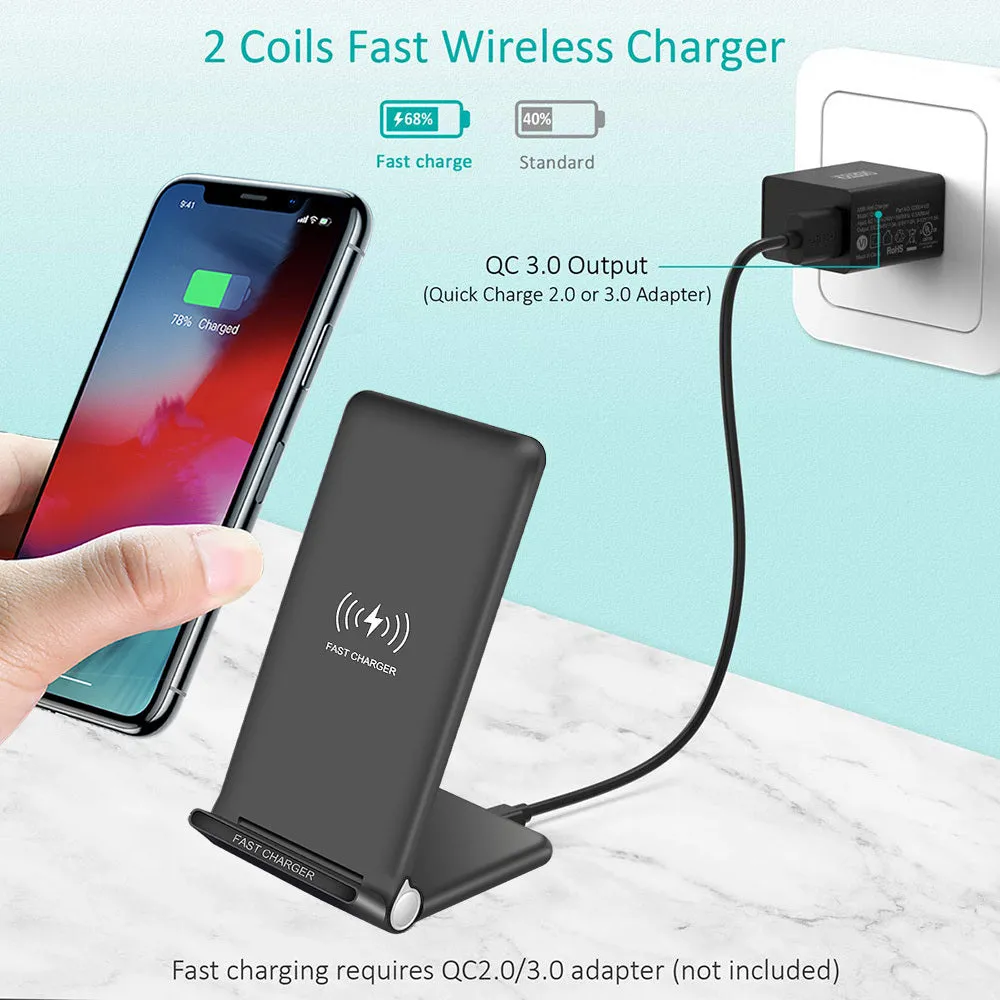 Black folding wireless charger stand with ABS material showing 15W Qi fast charging for phone and earbuds