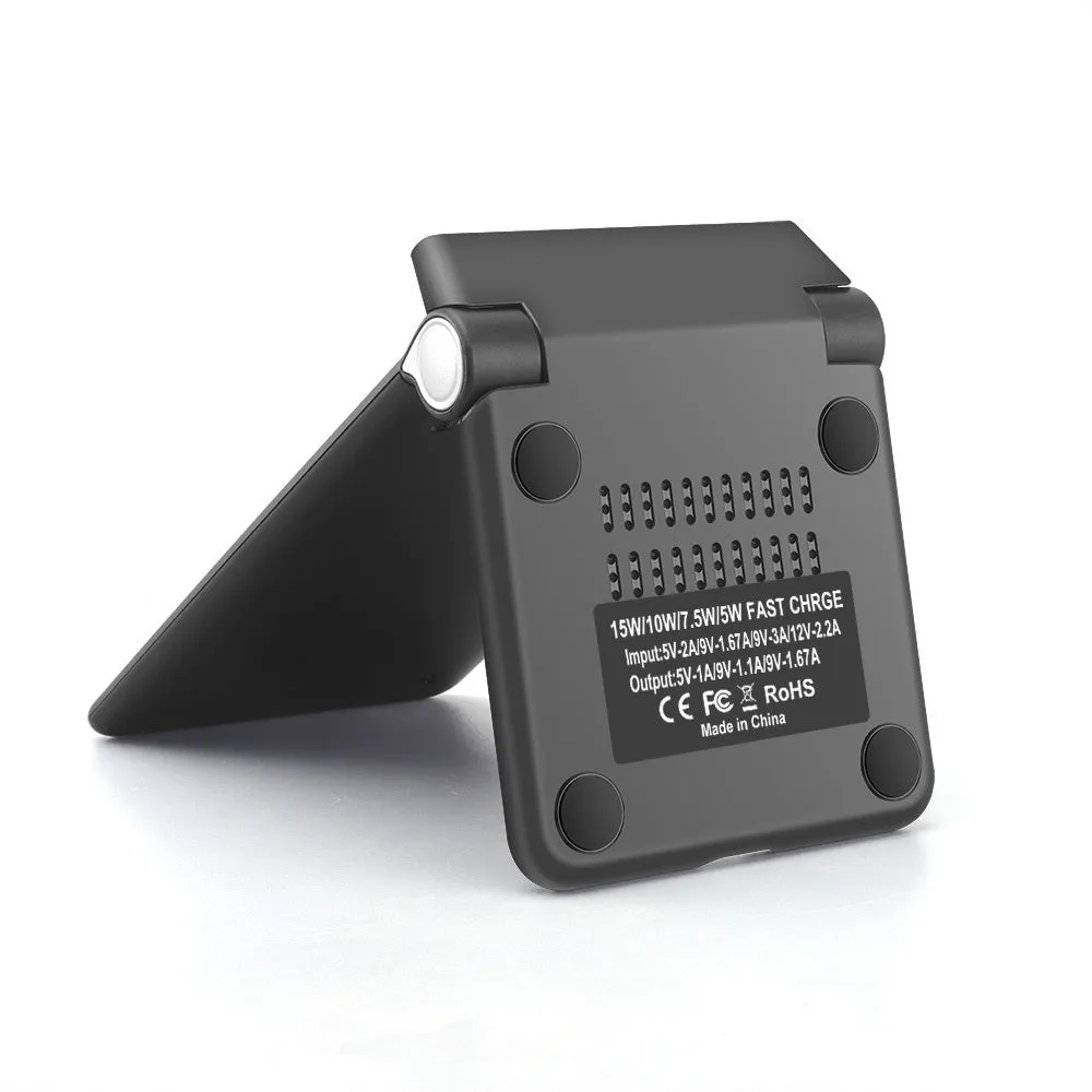 Black folding wireless charger stand with ABS material showing 15W Qi fast charging for phone and earbuds