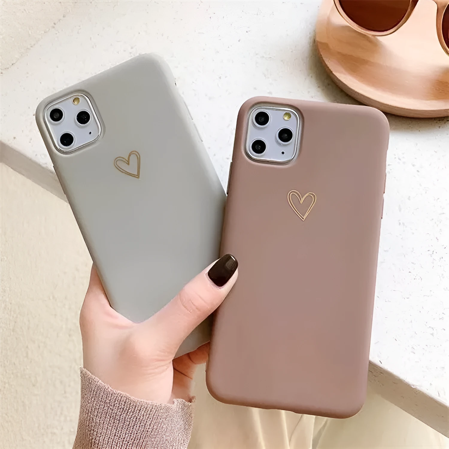 TPU matte feel silicone iPhone case with hand-painted love design, bronzing process, and lanyard holes, in blue colour