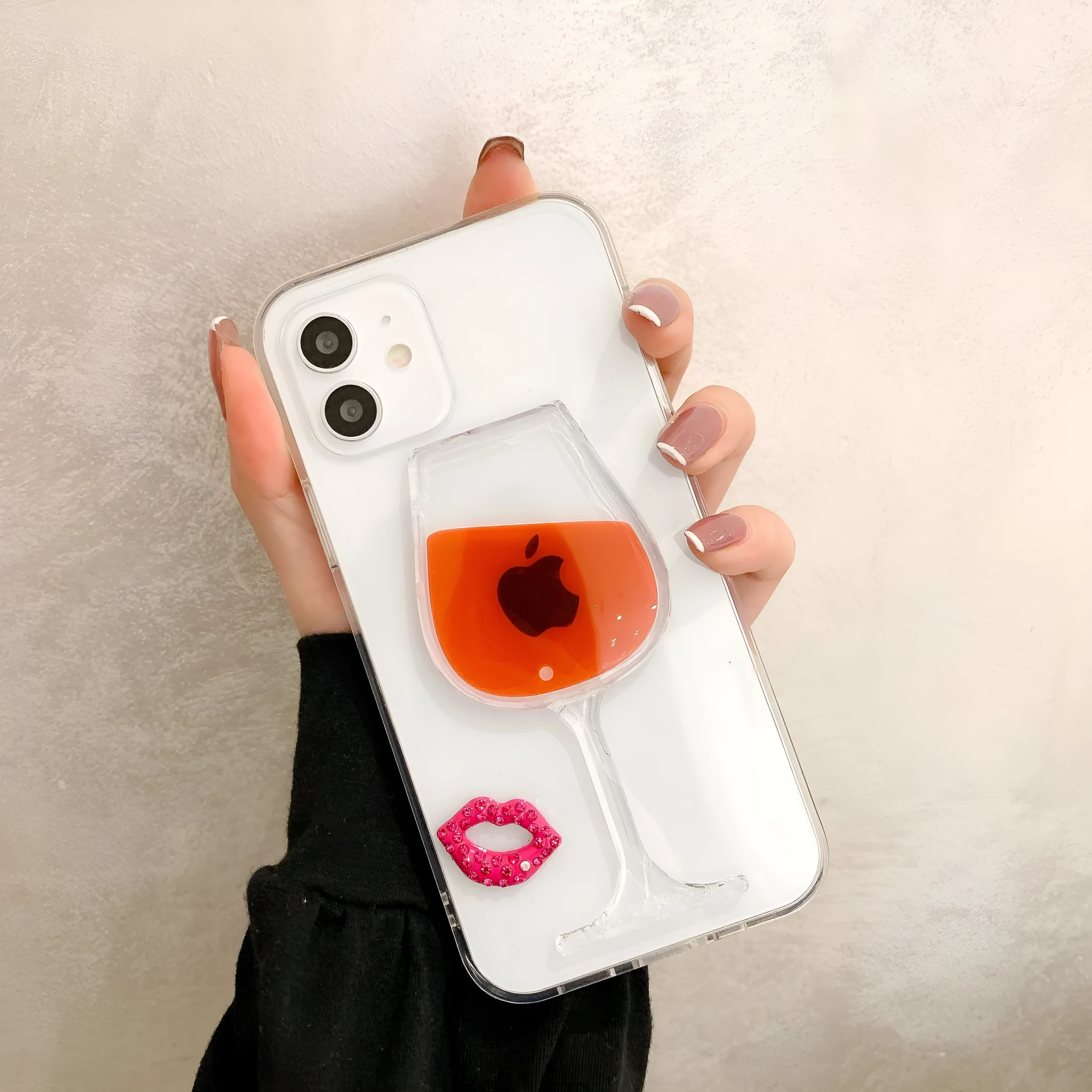 3D hot red wine liquid glass lips transparent sand phone case for Apple iPhone ultra thin crystal clear back