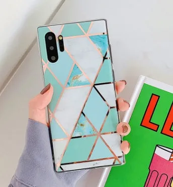 Electroplated marble pattern TPU back cover case for a Huawei or Samsung smartphone.