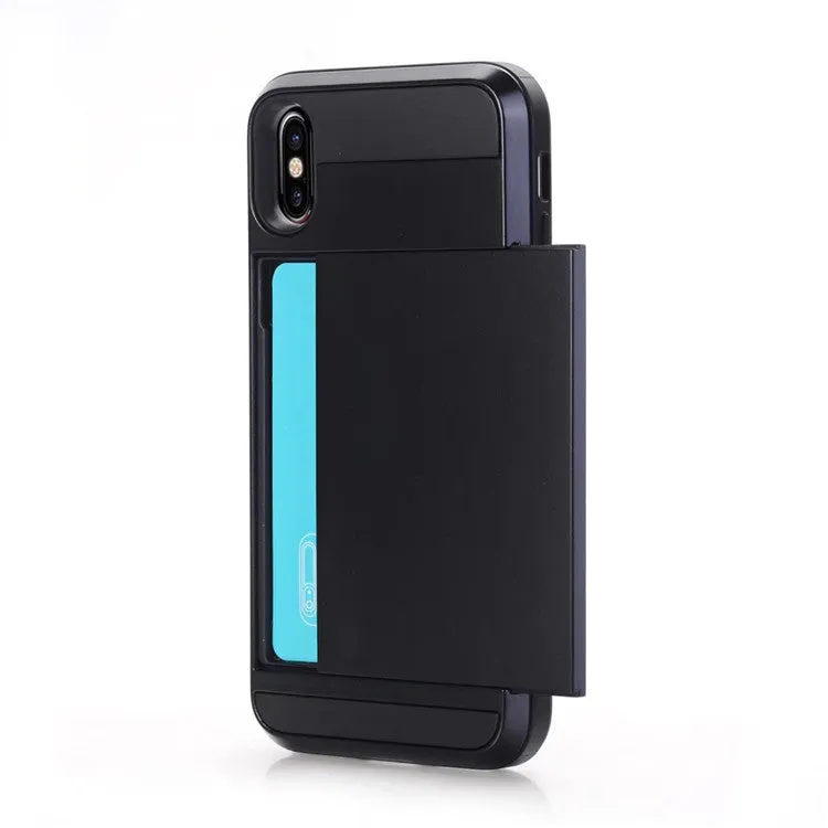 Card phone case for iPhone with TPU PC hard back, solid colour, and metal stamping finish on a black and gold model.
