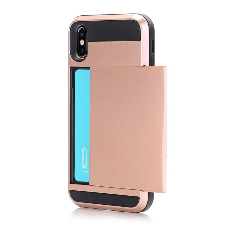 Card phone case for iPhone with TPU PC hard back, solid colour, and metal stamping finish on a black and gold model.
