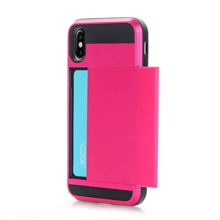 Card phone case for iPhone with TPU PC hard back, solid colour, and metal stamping finish on a black and gold model.
