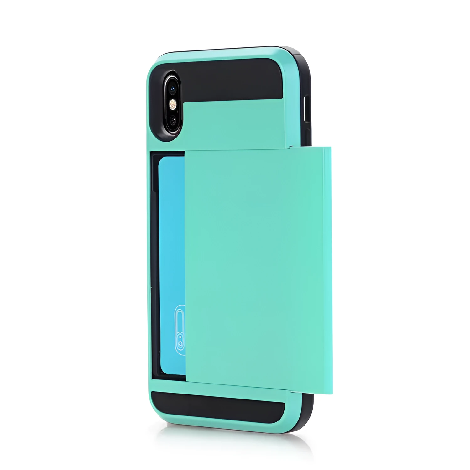 Card phone case for iPhone with TPU PC hard back, solid colour, and metal stamping finish on a black and gold model.