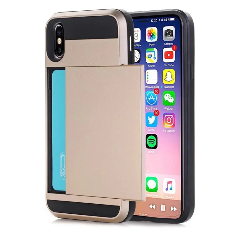 Card phone case for iPhone with TPU PC hard back, solid colour, and metal stamping finish on a black and gold model.