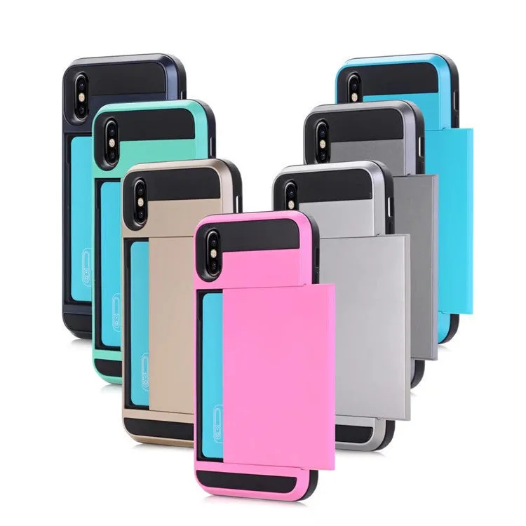 Card phone case for iPhone with TPU PC hard back, solid colour, and metal stamping finish on a black and gold model.