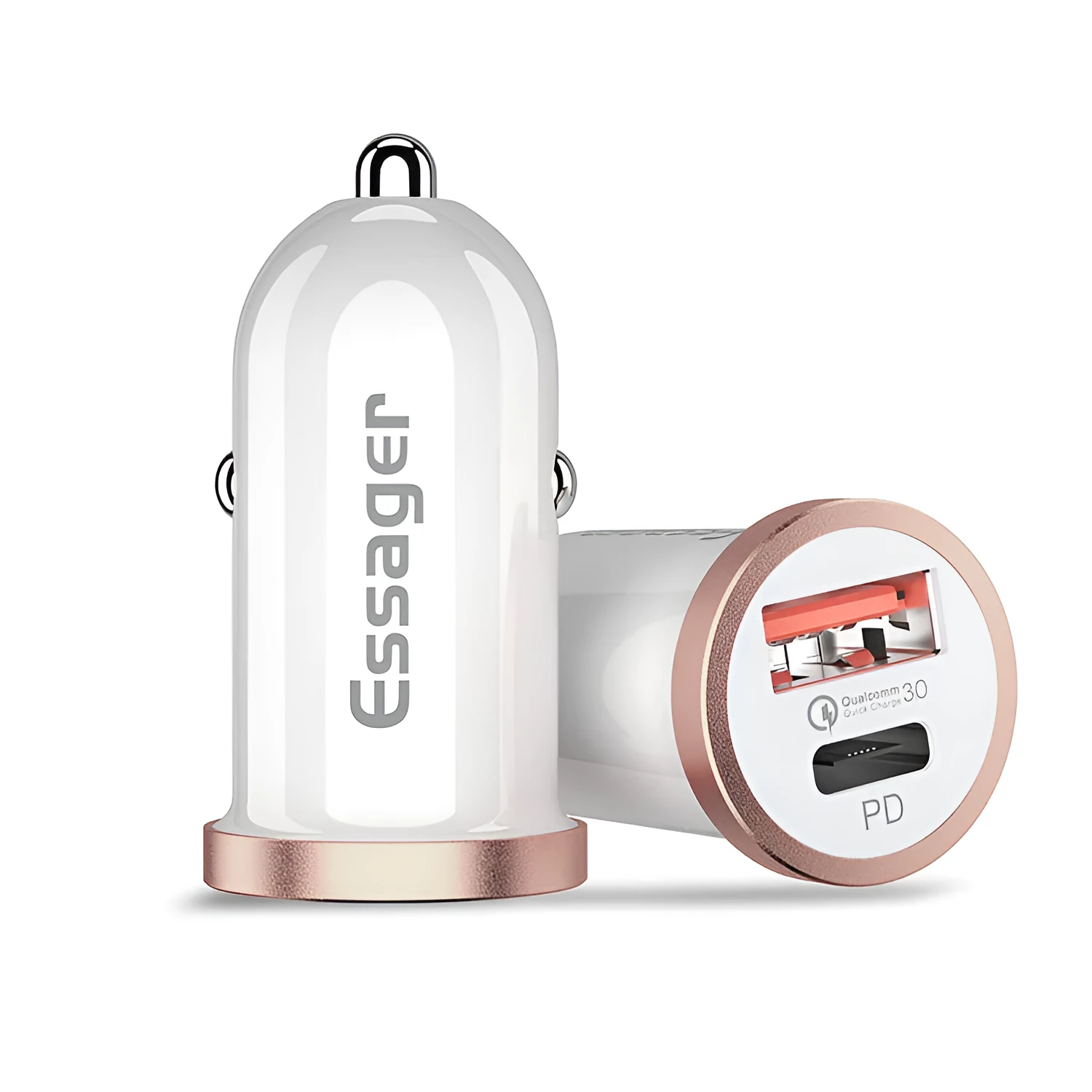White mini 30W dual port car charger with USB and Type-C interfaces for QC3.0 and PD3.0 fast charging