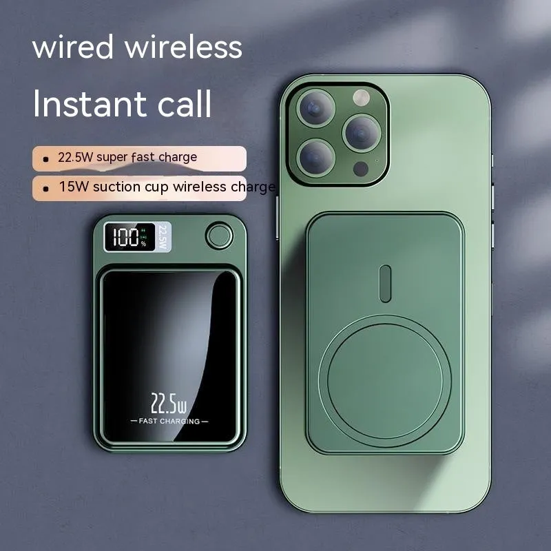 Magnetic wireless super fast power bank plastic shell 98x64x15mm in black colour on white background