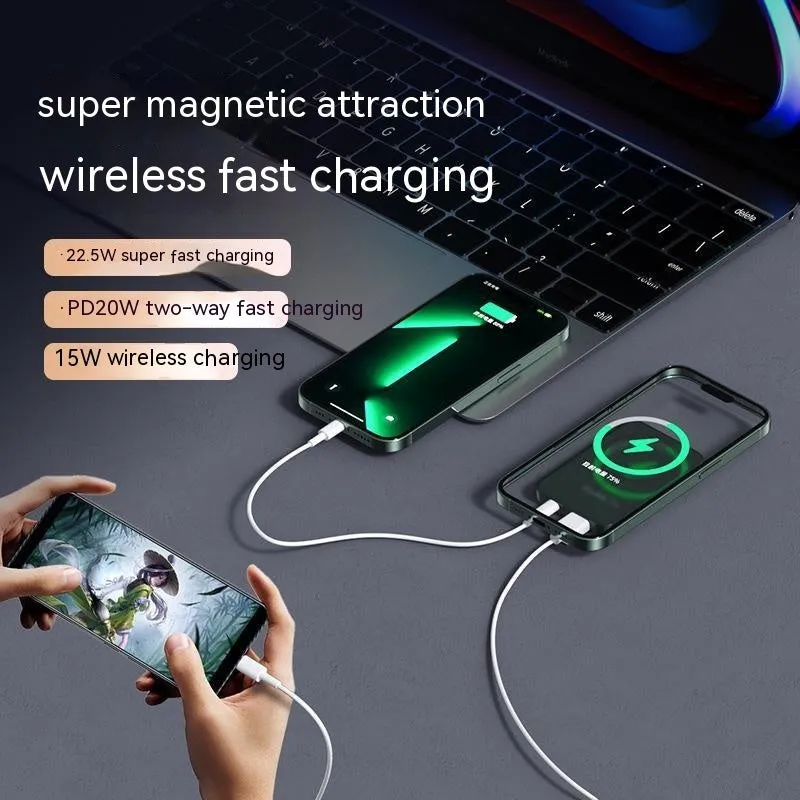 Magnetic wireless super fast power bank plastic shell 98x64x15mm in black colour on white background