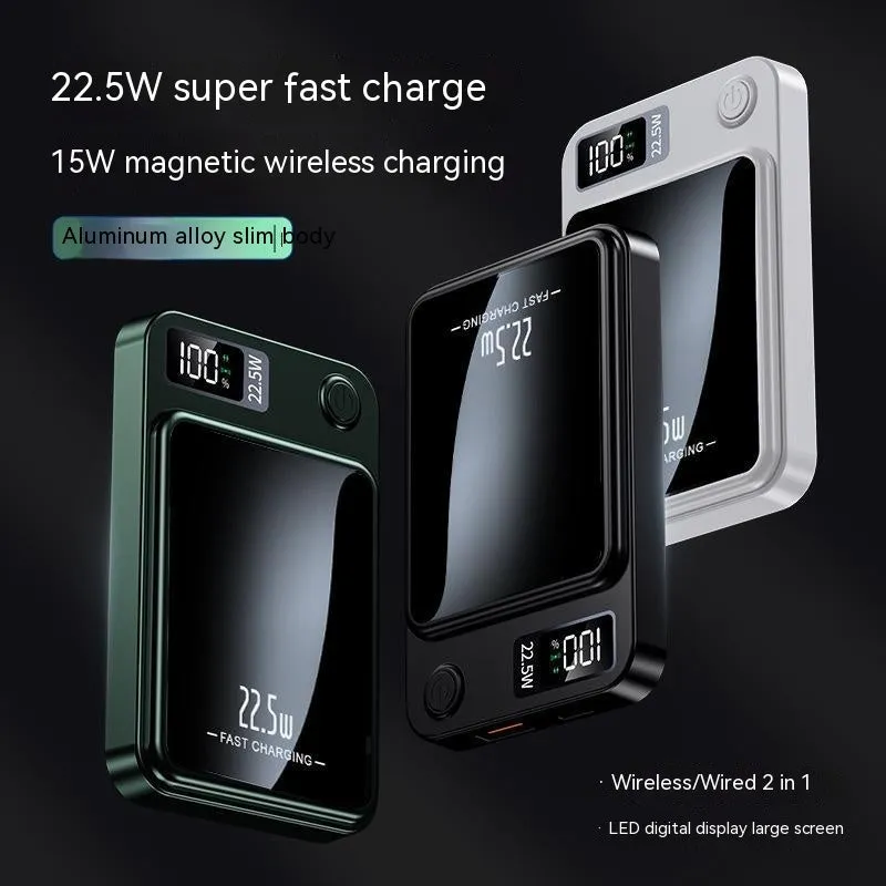 Magnetic wireless super fast power bank plastic shell 98x64x15mm in black colour on white background