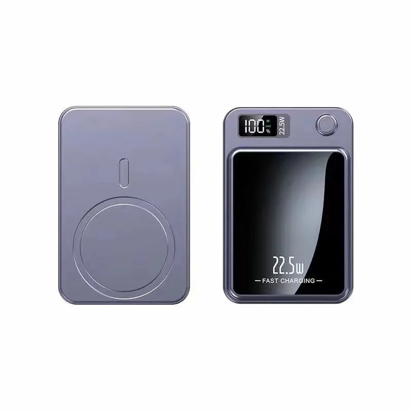 Magnetic wireless super fast power bank plastic shell 98x64x15mm in black colour on white background